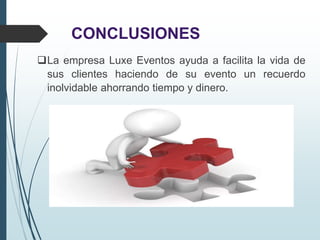 CONCLUSIONES
La empresa Luxe Eventos ayuda a facilita la vida de
sus clientes haciendo de su evento un recuerdo
inolvidable ahorrando tiempo y dinero.
 