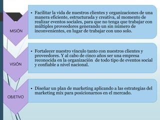 MISIÓN
• Facilitar la vida de nuestros clientes y organizaciones de una
manera eficiente, estructurada y creativa, al momento de
realizar eventos sociales, para que no tenga que trabajar con
múltiples proveedores generando un sin número de
inconvenientes, en lugar de trabajar con uno solo.
VISIÓN
• Fortalecer nuestro vínculo tanto con nuestros clientes y
proveedores. Y al cabo de cinco años ser una empresa
reconocida en la organización de todo tipo de eventos social
y confiable a nivel nacional.
OBJETIVO
• Diseñar un plan de marketing aplicando a las estrategias del
marketing mix para posicionarnos en el mercado.
 