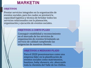 MARKETIN
GOBJETIVOS
Prestar servicios integrales en la organización de
eventos sociales, para los cuales se prestará la
capacidad logística y técnica de brindar todos los
servicios relacionados con la planeación,
organización y ejecución de eventos sociales.
OBJETIVOS A CORTO PLAZO
Conseguir estabilidad y reconocimiento
en el mercado de los servicios de
organización de eventos brindando un
servicio de calidad cumpliendo las
exigencias de nuestros clientes.
OBJETIVOS A MEDIANO PLAZO
Para el 2020 posesionarnos como una
empresa líder en la planificación de
eventos sociales como matrimonios,
bautizos, baby showers, etc. abarcando
toda la clientela del Valle de los Chillos.
 