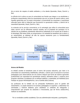 Por un verdadero cambio académico. Con una administración incluyente y participativa.
de un marco de respeto al medio ambiente y a los demás (Aprender, Hacer, Convivir y
Ser).
La difusión de la cultura es para la universidad una función que integra a sus estudiantes y
profesores compartiendo, tanto los conocimientos que son ya parte de nuestra cultura, como
aquellos generados por la propia universidad y promoviendo las creaciones y expresiones
culturales (entre ellas el deporte) que favorezcan la apreciación artística y cultural de la
comunidad (Aprender, Hacer, Convivir y Ser).
La extensión de los servicios universitarios, es la estrategia que utiliza la universidad para
saber convivir con los diferentes sectores sociales, con el propósito de participar en la
solución de sus problemas, planteando alternativas sustentadas en el avance de la ciencia y
la tecnología. Del mismo modo, se proporcionan a la sociedad los beneficios de la cultura y,
en reciprocidad, se obtienen de ella los apoyos necesarios para su fortalecimiento
(Aprender, Hacer, Convivir y Ser).
Actores del Modelo
La UAdeC concibe al estudiante como el centro del proceso educativo, que viene a la
universidad con conocimientos, habilidades, actitudes y valores que se incorporan al proceso
pedagógico para desarrollarlos de una manera integral que harán de nuestros egresados
profesionistas con capacidad de aprendizaje continuo, altamente críticos y creativos para
proponer soluciones a problemas con un enfoque sistémico y sustentable, con habilidad para
trabajar en grupos interdisciplinarios y con un sentido ético (valores).
Los profesores de la UAdeC son los principales facilitadores para la gestión del
conocimiento y su papel esencial en el proceso pedagógico es organizar y sistematizar las
actividades y material didáctico para establecer un ambiente de indagación y
comprobación que propicie las soluciones e innovaciones, que de forma colaborativa,
realizan sus estudiantes.
Funciones
Sustantivas de la
Universidad
Docencia Investigación Difusión de la
cultura
Extensión de los
servicios
universitarios
 