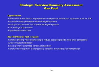 20
Strategic Overview/Summary Assessment
Gas Feed
Opportunities
-Latin America and Mexico requirement for inexpensive disinfection equipment such as S2K
-Industrial market penetration with Packaged Systems
-Municipal opportunities in Complete packaged systems
-Cost savings opportunities
-Equal Draw introduccion
Key Priorities for next 1-3 years
-Continue offering value engineering to reduce cost and provide more price competitive
-Avalon Project Realization
-Less expensive automatic control arrangement
-Continued development of Inexpensive container mounted low-end chlorinator
 