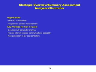 24
Strategic Overview/Summary Assessment
Analyzers/Controller
Opportunities
-TMS 561 Turbidimeter
-Reagentless chlorine measurement
Key Priorities for next 1-3 years
-Develop multi-parameter analyzer
-Provide internet enabled communications capability
-New generation of low cost controllers
 