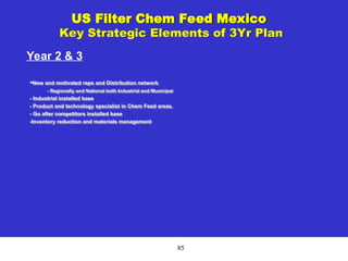 85
US Filter Chem Feed Mexico
Key Strategic Elements of 3Yr Plan
Year 2 & 3
-New and motivated reps and Distribution network
- Regionally and National both Industrial and Municipal
- Industrial installed base
- Product and technology specialist in Chem Feed areas.
- Go after competitors installed base
-Inventory reduction and materials management
 