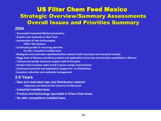 86
US Filter Chem Feed Mexico
Strategic Overview/Summary Assessments
Overall Issues and Priorities Summary
2004
- Successful Industrial Market penetration
- Sustain core business in Gas Feed.
- Introduction of new technologies
-OSEC, Skid Systems
- Continued growth in recurring services
-Go after competitors installed base
- Realigned and motivated reps/Distribution network both municipal and industrial market.
- Piggy back of Stranco and Elcat product and application know how and develop capabilities in Mexico
- Trained and qualify technical support staff at the plant
- Sustain Intercompany sales trend in gross margin improvement
- Continued technical and application support for LA Distribution
- Inventory reduction and materials management
2-5 Years
- New and motivated reps and Distribution network
- Regionally and National both Industrial and Municipal
- Industrial installed base
- Product and technology specialist in Chem Feed areas.
- Go after competitors installed base.
 