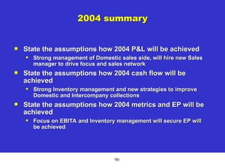 90
2004 summary
 State the assumptions how 2004 P&L will be achieved

Strong management of Domestic sales side, will hire new Sales
manager to drive focus and sales network
 State the assumptions how 2004 cash flow will be
achieved

Strong Inventory management and new strategies to improve
Domestic and Intercompany collections
 State the assumptions how 2004 metrics and EP will be
achieved

Focus on EBITA and Inventory management will secure EP will
be achieved
 