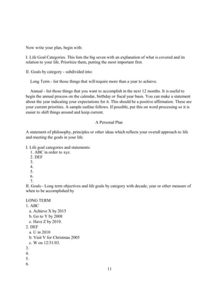 Now write your plan, begin with:
I. Life Goal Categories. This lists the big seven with an explanation of what is covered and its
relation to your life. Prioritize them, putting the most important first.
II. Goals by category - subdivided into:
Long Term - list those things that will require more than a year to achieve.
Annual - list those things that you want to accomplish in the next 12 months. It is useful to
begin the annual process on the calendar, birthday or fiscal year basis. You can make a statement
about the year indicating your expectations for it. This should be a positive affirmation. These are
your current priorities. A sample outline follows. If possible, put this on word processing so it is
easier to shift things around and keep current.
A Personal Plan
A statement of philosophy, principles or other ideas which reflects your overall approach to life
and meeting the goals in your life.
I. Life goal categories and statements:
1. ABC in order to xyz.
2. DEF
3.
4.
5.
6.
7.
II. Goals - Long term objectives and life goals by category with decade, year or other measure of
when to be accomplished by
LONG TERM
1. ABC
a. Achieve X by 2015
b. Go to Y by 2008
c. Have Z by 2010.
2. DEF
a. U in 2010
b. Visit V for Christmas 2005
c. W on 12/31/03.
3.
4.
5.
6.
11
 