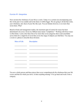 Exercise #9 - Integration
Now envision the wholeness of your life as a circle. Today it is a certain size encompassing your
life. In the past it was smaller and in the future it will be bigger. We are going to divide that circle,
your wholeness, into slices of your life, like a pie. You are limited, however, to no more than
seven slices. Why?
Based on brain and management studies, the maximum span of control for issues has been
determined to be seven. Seven in a biblical sense means "completion." Working with fewer issues
is often better. Look at the three lists of no more than seven categories above and consolidate
across them for a single list of seven that covers the range of subjects you find there. You may use
a word or a phrase to describe these divisions:
Slices of Life Description
_______________ ___________________________________
_______________ ___________________________________
_______________ ___________________________________
_______________ ___________________________________
_______________ ___________________________________
_______________ ___________________________________
_______________ ___________________________________
You are a whole person and these pieces then cover comprehensively the wholeness that your life
is now and that for which you strive. Is there anything missing? If so go back and work it into a
category.
9
 