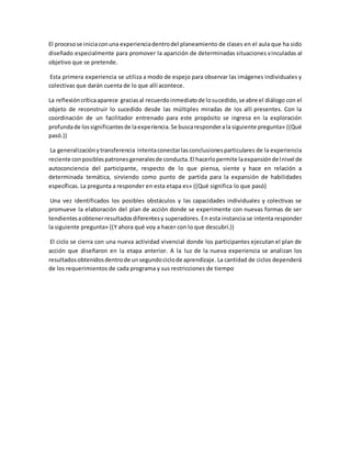 El procesose iniciaconuna experienciadentrodel planeamiento de clases en el aula que ha sido
diseñado especialmente para promover la aparición de determinadas situaciones vinculadas al
objetivo que se pretende.
Esta primera experiencia se utiliza a modo de espejo para observar las imágenes individuales y
colectivas que darán cuenta de lo que allí acontece.
La reflexióncríticaaparece graciasal recuerdoinmediatode losucedido,se abre el diálogo con el
objeto de reconstruir lo sucedido desde las múltiples miradas de los allí presentes. Con la
coordinación de un facilitador entrenado para este propósito se ingresa en la exploración
profundade lossignificantesde laexperiencia.Se buscaresponderala siguiente pregunta» ((Qué
pasó.))
La generalizaciónytransferencia intentaconectarlasconclusionesparticulares de la experiencia
reciente conposiblespatronesgeneralesde conducta.El hacerlopermite laexpansióndelnivel de
autoconciencia del participante, respecto de lo que piensa, siente y hace en relación a
determinada temática, sirviendo como punto de partida para la expansión de habilidades
específicas. La pregunta a responder en esta etapa es» ((Qué significa lo que pasó)
Una vez identificados los posibles obstáculos y las capacidades individuales y colectivas se
promueve la elaboración del plan de acción donde se experimente con nuevas formas de ser
tendientesaobtenerresultadosdiferentesy superadores. En esta instancia se intenta responder
la siguiente pregunta» ((Y ahora qué voy a hacer con lo que descubrí.))
El ciclo se cierra con una nueva actividad vivencial donde los participantes ejecutan el plan de
acción que diseñaron en la etapa anterior. A la luz de la nueva experiencia se analizan los
resultadosobtenidosdentrode unsegundociclode aprendizaje. La cantidad de ciclos dependerá
de los requerimientos de cada programa y sus restricciones de tiempo
 