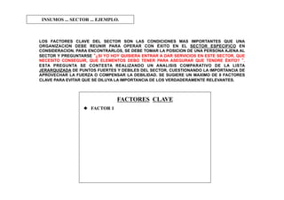 INSUMOS ... SECTOR ... EJEMPLO.
LOS FACTORES CLAVE DEL SECTOR SON LAS CONDICIONES MAS IMPORTANTES QUE UNA
ORGANIZACION DEBE REUNIR PARA OPERAR CON ÉXITO EN EL SECTOR ESPECIFICO EN
CONSIDERACION. PARA ENCONTRARLOS, SE DEBE TOMAR LA POSICION DE UNA PERSONA AJENA AL
SECTOR Y PREGUNTARSE “¿SI YO HOY QUISIERA ENTRAR A DAR SERVICIOS EN ESTE SECTOR, QUE
NECESITO CONSEGUIR, QUE ELEMENTOS DEBO TENER PARA ASEGURAR QUE TENDRE ÉXITO? ”.
ESTA PREGUNTA SE CONTESTA REALIZANDO UN ANALISIS COMPARATIVO DE LA LISTA
JERARQUIZADA DE PUNTOS FUERTES Y DEBILES DEL SECTOR, CUESTIONANDO LA IMPORTANCIA DE
APROVECHAR LA FUERZA O COMPENSAR LA DEBILIDAD. SE SUGIERE UN MAXIMO DE 8 FACTORES
CLAVE PARA EVITAR QUE SE DILUYA LA IMPORTANCIA DE LOS VERDADERAMENTE RELEVANTES.
FACTORES CLAVE
  FACTOR 1
 
