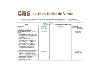La Idea Unica de Venta
AL INTERACTUAR CON UN “CLIENTE - CANDIDATO”, TEN PRESENTE LA SIGUIENTE GUIA:
GUIA VERSION DEL CONSULTOR
CONCEPTO
1.- EL TEMA CANDENTE:
YO SE QUE NECESITAS AYUDA,
PERO. . .
* ESTAS ANGUSTIADO POR TUS
INGRESOS [SUELDO], POR TU
TRABAJO
* EN EL “MERCADO” HAY
DEMASIADOS “PRODUCTOS”
QUE DICEN SER LA UNICA
MEDICINA PARA TU MAL
* NO QUIERES GASTAR $ EN
“MEDICINAS” QUE NO TE
GARANTICEN “ALIVIARTE”
2.- MI OPINION SE SUSTENTA EN:
* YO SOY “LA PUERTA” [PARA
SALIR DEL LABERINTO], TE
AYUDO PORQUE AL AYUDARTE
ME AYUDO A MI MISMO
* YO TAMBIEN ESTOY
ANGUSTIADO POR
TIEMPO A
APLICAR
CONCEPTO TIEMPO A
APLICAR
30 SEG
60 SEG
Mi=30 seg
Ma=60 seg
Mi=60 seg
Ma=120 seg
Mi=mínimo
Ma=máximo
 