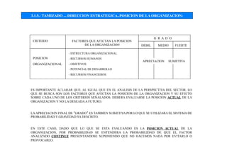 3.1.5.- TAMIZADO ... DIRECCION ESTRATEGICA..POSICION DE LA ORGANIZACION:
CRITERIO
POSICION
ORGANIZACIONAL
FACTORES QUE AFECTAN LA POSICION
DE LA ORGANIZACION
G R A D O
DEBIL MEDIO FUERTE
APRECIACION SUBJETIVA
- ESTRUCTURA ORGANIZACIONAL
- RECURSOS HUMANOS
- OBJETIVOS
- POTENCIAL DE DESARROLLO
- RECURSOS FINANCIEROS
ES IMPORTANTE ACLARAR QUE, AL IGUAL QUE EN EL ANALISIS DE LA PERSPECTIVA DEL SECTOR, LO
QUE SE BUSCA SON LOS FACTORES QUE AFECTAN LA POSICION DE LA ORGANIZACION Y SU EFECTO
SOBRE CADA UNO DE LOS CRITERIOS SEÑALADOS. DEBERA EVALUARSE LA POSICION ACTUAL DE LA
ORGANIZACION Y NO LA DESEADAA FUTURO.
LAAPRECIACION FINAL DE “GRADO” ES TAMBIEN SUBJETIVA POR LO QUE SE UTILIZARA EL SISTEMA DE
PROBABILIDAD Y GRAVEDAD YA DESCRITO.
EN ESTE CASO, DADO QUE LO QUE SE ESTA EVALUANDO ES LA POSICION ACTUAL DE LA
ORGANIZACION, POR PROBABILIDAD SE ENTENDERA LA PROBABILIDAD DE QUE EL FACTOR
ANALIZADO CONTINUE PRESENTANDOSE SUPONIENDO QUE NO HACEMOS NADA POR EVITARLO O
PROVOCARLO.
 