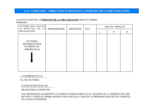 3.1.5.- TAMIZADO ... DIRECCION ESTRATEGICA...POSICION DE LA ORGANIZACION:
LA EVALUACION DE LA POSICION DE LA ORGANIZACION SIGUE EL MISMO
FORMATO:
FACTORES QUE AFECTAN
L A P O S I C I O N D E L A
ORGANIZACIÓN.
EFECTO / IMPACTO
- = +
PROBABILIDAD GRAVEDAD Px G
FACTORES
JERARQUIZADOS
EN ORDEN DE
IMPORTANCIA
z ALGEBRAICA P x G
No. DE FACTORES
=
CALIFICACION FINAL DE
GRADO PARA LA POSICION
=
LOS DIFERENTES ELEMENTOS YA FUERON COMENTADOS EN EL ANALISIS DE LA PERSPECTIVA DEL
SECTOR Y TIENEN EL MISMO SIGNIFICADO (SALVO EL CASO DE LA PROBABILIDAD QUE SE COMENTA
EN LA HOJAANTERIOR)
 
