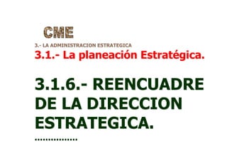3.- LA ADMINISTRACION ESTRATEGICA
3.1.- La planeación Estratégica.
3.1.6.- REENCUADRE
DE LA DIRECCION
ESTRATEGICA.
................
 