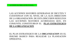 LAS ACCIONES MAYORES GENERADAS SE DICUTEN Y
CUESTIONAN CON EL NIVEL DE LA ALTA DIRECCION
DE LA ORGANIZACION. DE ESTA DISCUSION RESULTAN
LAS ACCIONES MAYORES ACORDADAS QUE, EN
CONJUNTO, CONSTITUIRAN EL PLAN ESTRATEGICO
DE LA ORGANIZACION
EL PLAN ESTRATEGICO DE LA ORGANIZACION ES EL
INSUMO BASICO PARA REALIZAR LA PLANEACION
OPERATIVA.
ACCIONES MAYORES (ESTRATEGIAS)....
 