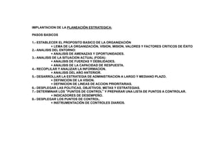 IMPLANTACION DE LA PLANEACIÓN ESTRATEGICA:
PASOS BASICOS
1.- ESTABLECER EL PROPOSITO BASICO DE LA ORGANIZACIÓN
+ LEMA DE LA ORGANIZACIÓN, VISION, MISION, VALORES Y FACTORES CRITICOS DE ÉXITO
2.- ANALISIS DEL ENTORNO:
+ ANALISIS DE AMENAZAS Y OPORTUNIDADES.
3.- ANALISIS DE LA SITUACION ACTUAL (FODA):
+ ANALISIS DE FUERZAS Y DEBILIDADES.
+ ANALISIS DE LA CAPACIDAD DE RESPUESTA.
4.- RECOPLILAR Y ANALIZAR LA INFORMACION.
+ ANALISIS DEL AÑO ANTERIOR.
5.- DESARROLLAR LA ESTRATEGIA DE ADMINISTRACION A LARGO Y MEDIANO PLAZO.
+ DEFINICION DE LA VISION.
+ DEFINICION DE LINEAS DE ACCION PRIORITARIAS.
6.- DESPLEGAR LAS POLITICAS, OBJETIVOS, METAS Y ESTRATEGIAS.
7.- DETERMINAR LOS “PUNTOS DE CONTROL” Y PREPARAR UNA LISTA DE PUNTOS A CONTROLAR.
+ INDICADORES DE DESEMPEÑO.
8.- DESPLEGAR LOS PUNTOS DE CONTROL.
+ INSTRUMENTACIÓN DE CONTROLES DIARIOS.
 