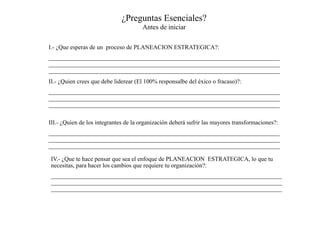 ¿Preguntas Esenciales?
Antes de iniciar
I.- ¿Que esperas de un proceso de PLANEACION ESTRATEGICA?:
____________________________________________________________________________
____________________________________________________________________________
____________________________________________________________________________
II.- ¿Quien crees que debe liderear (El 100% responsalbe del éxico o fracaso)?:
____________________________________________________________________________
____________________________________________________________________________
____________________________________________________________________________
III.- ¿Quien de los integrantes de la organización deberá sufrir las mayores transformaciones?:
____________________________________________________________________________
____________________________________________________________________________
____________________________________________________________________________
IV.- ¿Que te hace pensar que sea el enfoque de PLANEACION ESTRATEGICA, lo que tu
necesitas, para hacer los cambios que requiere tu organización?:
____________________________________________________________________________
____________________________________________________________________________
____________________________________________________________________________
 