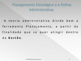 A teoria administrativa divide bem a
ferramenta   Planejamento,                    a   partir   da
finalidade que se quer atingir dentro
da Gestão.




             Prof. MBA Brivaldo Soares Neto           3
 
