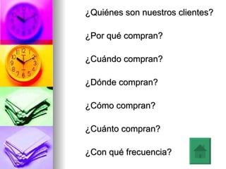 ¿Quiénes son nuestros clientes?  ¿Por qué compran?  ¿Cuándo compran?  ¿Dónde compran?  ¿Cómo compran?  ¿Cuánto compran?  ¿Con qué frecuencia?  