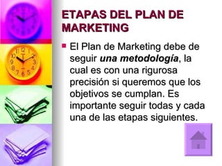 ETAPAS DEL PLAN DE MARKETING El Plan de Marketing debe de seguir  una metodología , la cual es con una rigurosa precisión si queremos que los objetivos se cumplan. Es importante seguir todas y cada una de las etapas siguientes.   