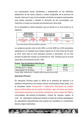 19Unidad de Gestión Educativa Local de Huanta
sus presupuestos fueron transferidos y redistribuidos en las diferentes
poblaciones de las zonas urbanas y urbano marginales de la provincia de
Huanta; razón por lo que, en los actuales momentos se requiere presupuestos
para plazas docentes y atender la demanda de las comunidades que
retornaron a ocupar sus parcelas que abandonaron años atrás.
En la actualidad la oferta educativa que se brinda en el nivel Inicial es el
siguiente:
MODALIDAD
ESCOLARIZADA
(Público y Privado)
MODALIDAD NO
ESCOLARIZADA
TOTAL
NIÑOS
MATRICULADOSN°
MATRICULADOS
N° DE
JARDINES
N° DE NIÑOS
MATRICULADOS
N° DE
PRONOEI
3, 606 79 824 35 4,430
Fuente: Serie Histórica: Información Estadística 2004-2009.
La asistencia escolar entre el año 2004 y el año 2009 de 4,430 estudiantes
asistentes es un indicador que muestra mejoría en el nivel inicial de 9% para
el 2010, tanto para el nivel educativo primario y secundario. En el nivel
primario la deserción escolar se incrementó en 10%, mientras que en el nivel
secundario el incremento fue del 1.36%.
Huanta: Tasa de Asistencia Neta Escolar
Nivel Educativo 2004 2009
Primaria (6 a 11 Años) 64.4% 85.4%
Secundaria (12-16 Años) 83.7% 77.5%
Fuente: ENIE- ENAHO 2001 Y ENAHO 2004 Proyección al año 2009
Educación Primaria
En educación Primaria existe un déficit de la cobertura de atención a la
población estudiantil por los mismos motivos mencionados líneas arriba, y en
la actualidad vienen funcionando 2 Instituciones Educativas de Gestión
Comunal (financiados por los padres de familia), cabe mencionar que dichas
instituciones educativas se encuentran ubicadas en zonas rurales del VRAE y
comunidades alto andinas de Santillana - Huanta. Se requiere mejorar el
nivel de desempeño profesional docente a través de eventos pedagógicos
de capacitación especialmente para mejorar los resultados en comprensión
lectora y lógico matemática.
 