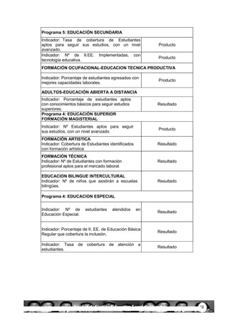 52Unidad de Gestión Educativa Local de Huanta
Programa 5: EDUCACIÓN SECUNDARIA
Indicador: Tasa de cobertura de Estudiantes
aptos para seguir sus estudios, con un nivel
avanzado.
Producto
Indicador: Nº de II.EE. Implementadas, con
tecnología educativa.
Producto
FORMACIÓN OCUPACIONAL-EDUCACION TECNICA PRODUCTIVA
Indicador: Porcentaje de estudiantes egresados con
mejores capacidades laborales.
Producto
ADULTOS-EDUCACIÓN ABIERTA A DISTANCIA
Indicador: Porcentaje de estudiantes aptos
con conocimientos básicos para seguir estudios
superiores.
Resultado
Programa 4: EDUCACIÓN SUPERIOR
FORMACIÓN MAGISTERIAL
Indicador: Nº Estudiantes aptos para seguir
sus estudios, con un nivel avanzado.
Producto
FORMACIÓN ARTISTICA
Indicador: Cobertura de Estudiantes identificados
con formación artística
Resultado
FORMACIÓN TÉCNICA
Indicador: Nº de Estudiantes con formación
profesional aptos para el mercado laboral.
Resultado
EDUCACION BILINGUE INTERCULTURAL
Indicador: Nº de niños que asistirán a escuelas
bilingües.
Resultado
Programa 4: EDUCACION ESPECIAL
Indicador: Nº de estudiantes atendidos en
Educación Especial.
Resultado
Indicador: Porcentaje de II. EE. de Educación Básica
Regular que cobertura la inclusión.
Resultado
Indicador: Tasa de cobertura de atención a
estudiantes.
Resultado
 