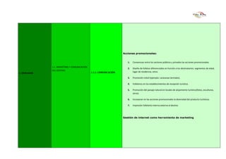 Acciones promocionales:


                                                                                      1.   Consensuar entre los sectores públicos y privados las acciones promocionales.
                            1.1. MARKETING Y COMUNICACIÓN
                                                                                      2.   Diseño de folletos diferenciados en función a los destinatarios: segmentos de edad,
                            DEL DESTINO
                                                             1.1.3. COMUNICACIÓN           lugar de residencia, otros.
1. MERCADOS
                                                                                      3.   Promoción móvil (ejemplo: caravanas termales).

                                                                                      4.   Folleteros en los establecimientos de recepción turística.

                                                                                      5.   Promoción del paisaje natural en locales de alojamiento turístico(fotos, esculturas,
                                                                                           otros).

                                                                                      6.   Incorporar en las acciones promocionales la diversidad del producto turísticos.

                                                                                      7.   Impresión folletería interna-externa al destino




                                                                                   Gestión de internet como herramienta de marketing




Plan Estratégico de Turismo Sustentable “Visión Turística Villa Elisa 2018”
 