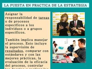 LA PUESTA EN PRACTICA DE LA ESTRATEGIA Asignar la responsabilidad de  tareas  o de procesos específicos a los individuos o a grupos específicos. También implica manejar el proceso. Esto incluye la supervisión de  resultados , comparar con estándares y con las mejores prácticas, la evaluación de la eficacia del proceso, controlar los desvíos y realizar los ajustes necesarios al proceso. 
