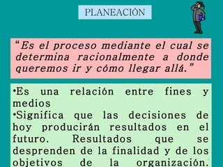 “ Es el proceso mediante el cual se determina racionalmente a donde queremos ir y cómo llegar allá.” PLANEACIÓN Es una relación entre fines y medios Significa que las decisiones de hoy producirán resultados en el futuro. Resultados que se desprenden de la finalidad y de los objetivos de la organización. (Ivanicevich)  