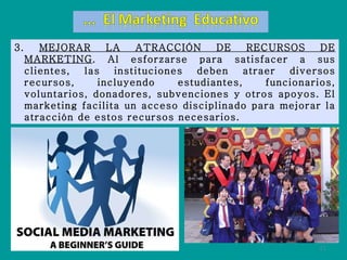 3.  MEJORAR LA ATRACCIÓN DE RECURSOS DE MARKETING . Al esforzarse para satisfacer a sus clientes, las instituciones deben atraer diversos recursos, incluyendo estudiantes, funcionarios, voluntarios, donadores, subvenciones y otros apoyos. El marketing facilita un acceso disciplinado para mejorar la atracción de estos recursos necesarios. 