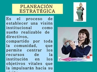 PLANEACIÓN  ESTRATÉGICA Es el proceso de establecer una visión institucional como sueño realizable de  directivos, compartido por toda la comunidad,  que permite centrar los recursos de la institución en los objetivos vitales que la impulsarán hacia su visión. 
