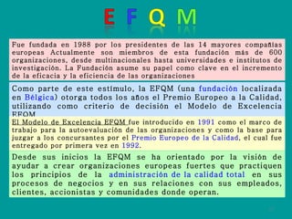 Fue fundada en 1988 por los presidentes de las 14 mayores compañías europeas Actualmente son miembros de esta fundación más de 600 organizaciones, desde multinacionales hasta universidades e institutos de investigación. La Fundación asume su papel como clave en el incremento de la eficacia y la eficiencia de las organizaciones  Como parte de este estímulo, la EFQM (una  fundación  localizada en  Bélgica ) otorga todos los años el Premio Europeo a la Calidad, utilizando como criterio de decisión el Modelo de Excelencia EFQM. El Modelo de Excelencia EFQM  fue introducido en  1991  como el marco de trabajo para la autoevaluación de las organizaciones y como la base para juzgar a los concursantes por el  Premio Europeo de la Calidad , el cual fue entregado por primera vez en  1992 .  Desde sus inicios la EFQM se ha orientado por la visión de ayudar a crear organizaciones europeas fuertes que practiquen los principios de la  administración de la calidad total  en sus procesos de negocios y en sus relaciones con sus empleados, clientes, accionistas y comunidades donde operan. 