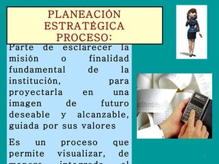 Parte de esclarecer la misión o finalidad fundamental de la institución, para proyectarla en una imagen de futuro deseable y alcanzable, guiada por sus valores Es un proceso que permite visualizar, de manera integrada el futuro de las instituciones PLANEACIÓN ESTRATÉGICA PROCESO: 
