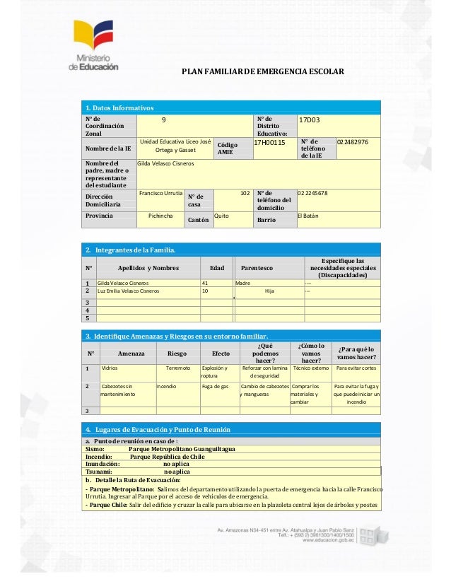 plan familiar de emergencia escolar ejemplo 1 plan de emergencia familiar