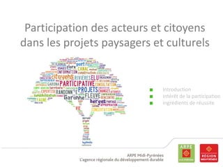 Participation des acteurs et citoyens
dans les projets paysagers et culturels

Introduction
Intérêt de la participation
ingrédients de réussite

 