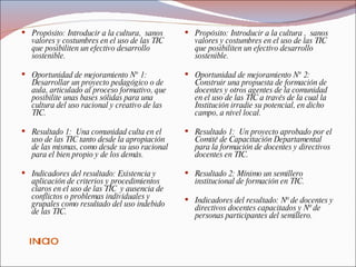 Propósito: Introducir a la cultura,  sanos valores y costumbres en el uso de las TIC que posibiliten un efectivo desarrollo sostenible.   Oportunidad de mejoramiento N° 1:  Desarrollar un proyecto pedagógico o de aula, articulado al proceso formativo, que posibilite unas bases sólidas para una cultura del uso racional y creativo de las TIC.   Resultado 1:  Una comunidad culta en el uso de las TIC tanto desde la apropiación de las mismas, como desde su uso racional para el bien propio y de los demás.   Indicadores del resultado: Existencia y aplicación de criterios y procedimientos claros en el uso de las TIC  y ausencia de conflictos o problemas individuales y grupales como resultado del uso indebido de las TIC. Propósito: Introducir a la cultura ,  sanos valores y costumbres en el uso de las TIC que posibiliten un efectivo desarrollo sostenible.   Oportunidad de mejoramiento N° 2: Construir una propuesta de formación de docentes y otros agentes de la comunidad en el uso de las TIC a través de la cual la Institución irradie su potencial, en dicho campo, a nivel local.   Resultado 1:  Un proyecto aprobado por el Comité de Capacitación Departamental para la formación de docentes y directivos docentes en TIC.   Resultado 2: Mínimo un semillero institucional de formación en TIC. Indicadores del resultado: Nº de docentes y directivos docentes capacitados y Nº de personas participantes del semillero. INICIO 