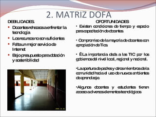 2. MATRIZ DOFA DEBILIDADES. Docentes rehaceos a enfrentar la tecnología  Los recursos no son suficientes Falta un mejor servicio de Internet Bajo presupuesto para dotación y sostenibilidad OPORTUNIDADES Existen condiciones de tiempo y espacio para capacitación de docentes. Compromiso de la mayoría de docentes con apropiación de Tics.      La importancia dada a las TIC por los gobiernos del nivel local, regional y nacional. La apertura de padres y otros miembros de la comunidad hacia el uso de nuevos ambientes de aprendizaje. Algunos docentes y estudiantes tienen acceso a diversos elementos tecnológicos 