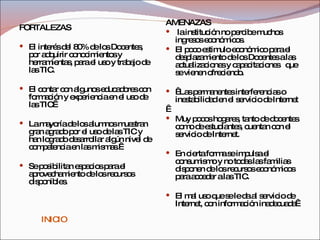 FORTALEZAS El interés del 80% de los Docentes, por adquirir conocimientos y herramientas, para el uso y trabajo de las TIC.  El contar con algunos educadores con formación y experiencia en el uso de las TIC  La mayoría de los alumnos muestran gran agrado por el uso de las TIC y han logrado desarrollar algún nivel de competencia en las mismas.   Se posibilitan espacios para el aprovechamiento de los recursos disponibles. AMENAZAS la institución no percibe muchos ingresos económicos. El poco estimulo económico para el desplazamiento de los Docentes a las actualizaciones y capacitaciones  que se vienen ofreciendo.      Las permanentes interferencias o inestabilidad en el servicio de Internet   Muy pocos hogares, tanto de docentes como de estudiantes, cuentan con el servicio de Internet. En cierta forma se impulsa el consumismo y no todas las familias disponen de los recursos económicos para acceder a las TIC. El mal uso que se le da al servicio de Internet, con información inadecuada  INICIO 