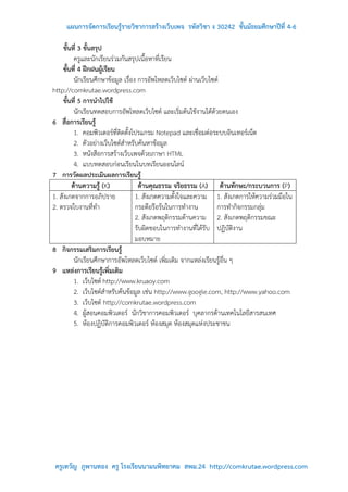 แผนการจัดการเรียนรู้รายวิชาการสร้างเว็บเพจ รหัสวิชา ง 30242 ชั้นมัธยมศึกษาปีที่ 4-6

     ขั้นที่ 3 ขั้นสรุป
          ครูและนักเรียนร่วมกันสรุปเนื้อหาที่เรียน
     ขั้นที่ 4 ฝึกฝนผู้เรียน
          นักเรียนศึกษาข้อมูล เรื่อง การอัพโหลดเว็บไซต์ ผ่านเว็บไซต์
http://comkrutae.wordpress.com
     ขั้นที่ 5 การนาไปใช้
          นักเรียนทดสอบการอัพโหลดเว็บไซต์ และเริ่มต้นใช้งานได้ด้วยตนเอง
6 สื่อการเรียนรู้
          1. คอมพิวเตอร์ที่ติดตั้งโปรแกรม Notepad และเชื่อมต่อระบบอินเทอร์เน็ต
          2. ตัวอย่างเว็บไซต์สาหรับค้นหาข้อมูล
          3. หนังสือการสร้างเว็บเพจด้วยภาษา HTML
          4. แบบทดสอบก่อนเรียนในบทเรียนออนไลน์
7 การวัดผลประเมินผลการเรียนรู้
         ด้านความรู้ (K)              ด้านคุณธรรม จริยธรรม (A) ด้านทักษะ/กระบวนการ (P)
1. สังเกตจากการอภิปราย              1. สังเกตความตั้งใจและความ 1. สังเกตการให้ความร่วมมือใน
2. ตรวจใบงานที่ทา                   กระตือรือร้นในการทางาน         การทากิจกรรมกลุ่ม
                                    2. สังเกตพฤติกรรมด้านความ 2. สังเกตพฤติกรรมขณะ
                                    รับผิดชอบในการทางานที่ได้รับ ปฏิบัติงาน
                                    มอบหมาย
8 กิจกรรมเสริมการเรียนรู้
          นักเรียนศึกษาการอัพโหลดเว็บไซต์ เพิ่มเติม จากแหล่งเรียนรู้อื่น ๆ
9 แหล่งการเรียนรู้เพิ่มเติม
          1. เว็บไซต์ http://www.kruaoy.com
          2. เว็บไซต์สาหรับค้นข้อมูล เช่น http://www.google.com, http://www.yahoo.com
          3. เว็บไซต์ http://comkrutae.wordpress.com
          4. ผู้สอนคอมพิวเตอร์ นักวิชาการคอมพิวเตอร์ บุคลากรด้านเทคโนโลยีสารสนเทศ
          5. ห้องปฏิบัติการคอมพิวเตอร์ ห้องสมุด ห้องสมุดแห่งประชาชน




 ครูเทวัญ ภูพานทอง ครู โรงเรียนนามนพิทยาคม สพม.24 http://comkrutae.wordpress.com
 
