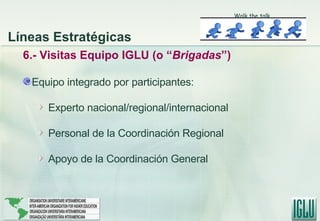 6.- Visitas Equipo IGLU (o “ Brigadas ”) Equipo integrado por participantes: Experto nacional/regional/internacional Personal de la Coordinación Regional Apoyo de la Coordinación General Líneas Estratégicas Walk the talk 