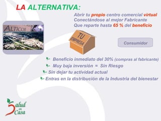 Muy baja inversión =  Sin Riesgo Sin dejar tu actividad actual Entras en la distribución  d e la Industria del bienestar Beneficio inmediato del 30%  (compras al fabricante)   LA   ALTERNATIVA: Abrir tu  propio  centro comercial  virtual Conectándose al mejor Fabricante Que reparte hasta  65 %  del  beneficio Consumidor 