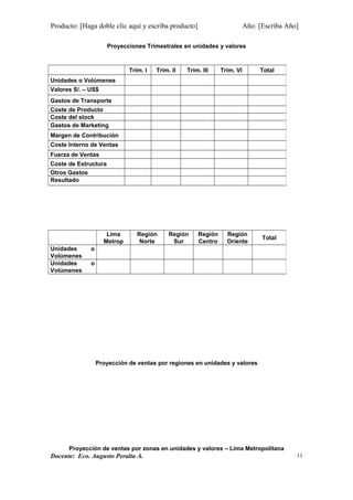 Producto: [Haga doble clic aquí y escriba producto] Año: [Escriba Año]
Proyecciones Trimestrales en unidades y valores
Proyección de ventas por regiones en unidades y valores
Proyección de ventas por zonas en unidades y valores – Lima Metropolitana
Docente: Eco. Augusto Peralta A.
Trim. I Trim. II Trim. III Trim. VI Total
Unidades o Volúmenes
Valores S/. – US$
Gastos de Transporte
Coste de Producto
Coste del stock
Gastos de Marketing
Margen de Contribución
Coste Interno de Ventas
Fuerza de Ventas
Coste de Estructura
Otros Gastos
Resultado
Lima
Metrop
Región
Norte
Región
Sur
Región
Centro
Región
Oriente
Total
Unidades o
Volúmenes
Unidades o
Volúmenes
11
 
