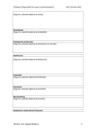 Producto: [Haga doble clic aquí y escriba producto] Año: [Escriba Año]
[Haga clic y describa objetivos de ventas]
Rentabilidad
[Haga clic y describa objetivos de rentabilidad]
Participación de Mercado
[Haga clic y describa objetivos de participación de mercado]
Distribución
[Haga clic y describa objetivos de Distribución]
Publicidad
[Haga clic y describa objetivos de Publicidad]
Promoción
[Haga clic y describa objetivos de promoción]
Merchandising
[Haga clic y describa objetivos de promción]
Ampliación o desarrollo de Productos
Docente: Eco. Augusto Peralta A. 14
 