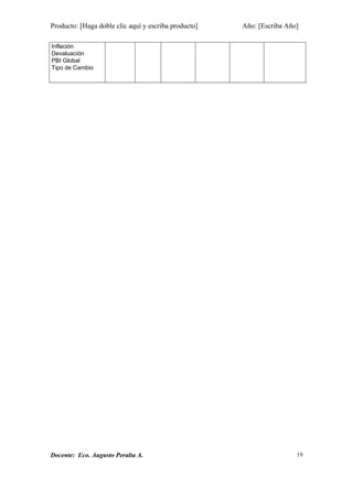Producto: [Haga doble clic aquí y escriba producto] Año: [Escriba Año]
Inflación
Devaluación
PBI Global
Tipo de Cambio
Docente: Eco. Augusto Peralta A. 19
 