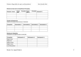 Producto: [Haga doble clic aquí y escriba producto] Año: [Escriba Año]
Niveles de Costo de los Competidores Principales
Producto / marca
Precio Promedio
200X
Precio Promedio
200X+1
Variación %
Canales de Distribución
Sistema de Canales (Canal exclusivo, multicanal)
Competidor Intermediario 1 Intermediario 2 Intermediario 3 Intermediario 4
Distribución Geográfica
Participación por regiones sobre la venta total
Competidor Participación % Participación % Participación %
Región Norte
Región Sur
Región Oriente
Región Centro
Lima Metropolitana
Docente: Eco. Augusto Peralta A. 25
 