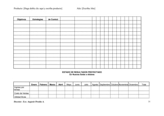 Producto: [Haga doble clic aquí y escriba producto] Año: [Escriba Año]
Objetivos Estrategias de Control
ESTADO DE RESULTADOS PROYECTADO
En Nuevos Soles o dólares
Enero Febrero Marzo Abril Mayo Junio Julio Agosto Septiembre Octubre Noviembre Diciembre Total
Ingreso por
Ventas
Costo de Ventas
Utilidad Bruta
Docente: Eco. Augusto Peralta A. 33
 
