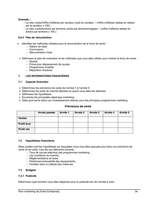 CE CONTENU À UNE TIERCE PARTIE ET CE, EN FORMAT DIGITAL, PAPIER OU AUTRE. TOUS LES CONTREVENANTS SERONT POURSUIVIS EN
JUSTICE.
Plan marketing de [Votre Entreprise] 34
Exemple :
- Le ratio coûts/chiffre d’affaires par vendeur (coût du vendeur chiffre d’affaires réalisé en dollars
par le vendeur x 100) ;
- Le ratio coûts/territoire par territoire (coûts par territoire/magasin chiffre d’affaires réalisé en
dollars par territoire x 100.)
6.6.4 Plan de rémunération
Identifiez les méthodes utilisées pour la rémunération de la force de vente :
- Salaire de base
- Commission
- Rémunération mixte
Définissez le plan de motivation et les méthodes que vous allez utiliser pour motiver la force de vente :
- Quotas
- Prime pour dépassement de quotas
- Programmes incitatifs
- Répartition d'actions
7. LES INFORMATIONS FINANCIÈRES
7.1 Capsule financière
Déterminez les prévisions de vente de l’année 1 à l’année 5
Déterminez les parts de marché désirées et quand vous allez les atteindre
Définissez les hypothèses
Énumérez les principales dépenses marketing
Dites quel est le retour sur investissement attendu pour les principaux programmes marketing
Prévisions de vente
Année passée Année 1 Année 2 Année 3 Année 4 Année 5
Ventes
Profit brut
Profit net
7.2 Hypothèses financières
Dites quelles sont les hypothèses sur lesquelles vous vous êtes appuyés pour faire vos prévisions de
vente et de coûts. Liez-les aux éléments suivants :
- Taux de succès attendus des programmes marketing ;
- Les conditions du marché ;
- Réglementations et taxes ;
- Performance/durabilité des équipements ;
- Facilités dans la collecte des créances.
7.3 Budgets
7.3.1 Publicité
Déterminez quel montant vous allez dépenser pour la publicité lors de l’année à venir.
 