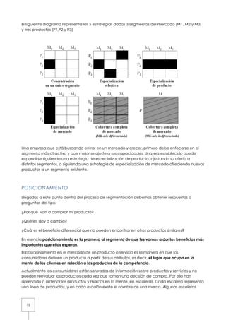 El siguiente diagrama representa las 5 estrategias dados 3 segmentos del mercado (M1, M2 y M3)
y tres productos (P1,P2 y P3)




Una empresa que está buscando entrar en un mercado y crecer, primero debe enfocarse en el
segmento más atractivo y que mejor se ajuste a sus capacidades. Una vez establecido puede
expandirse siguiendo una estrategia de especialización de producto, ajustando su oferta a
distintos segmentos, o siguiendo una estrategia de especialización de mercado ofreciendo nuevos
productos a un segmento existente.



POSICIONAMIENTO

Llegados a este punto dentro del proceso de segmentación debemos obtener respuestas a
preguntas del tipo:

¿Por qué van a comprar mi producto?

¿Qué les doy a cambio?

¿Cuál es el beneficio diferencial que no pueden encontrar en otros productos similares?

En esencia posicionamiento es la promesa al segmento de que les vamos a dar los beneficios más
importantes que ellos esperan.

El posicionamiento en el mercado de un producto o servicio es la manera en que los
consumidores definen un producto a partir de sus atributos, es decir, el lugar que ocupa en la
mente de los clientes en relación a los productos de la competencia.

Actualmente los consumidores están saturados de información sobre productos y servicios y no
pueden reevaluar los productos cada vez que toman una decisión de compra. Por ello han
aprendido a ordenar los productos y marcas en la mente, en escaleras. Cada escalera representa
una línea de productos, y en cada escalón existe el nombre de una marca. Algunas escaleras



  15
 
