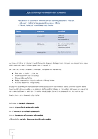 Activar e implicar al cliente inmediatamente después de la primera compra son los primeros pasos
hacia una relación duradera y de mutuo beneficio
         a                               beneficio.

Un plan de contactos debe contemplar los siguientes elementos:

   •   Frecuencia de los contactos
                           contactos.
   •   Intervalos entre los contactos
                            contactos.
   •   Contenidos y ofertas.
   •   Relaciones entre comunicaciones offline y online
                                                 online.
   •   Control de envíos y respuestas
                             respuestas.

El objetivo es entregar mensajes relevantes basados en los intereses de los clientes a partir de la
información almacenada en la base de datos y obtenida de su historial de compras, sus patrones
                                                                             compra
de navegación en la web, sus consultas y solicitudes de servicio, respuestas a encuestas, etc.
                                          solicitudes

Por tanto un plan de contactos debe:



entregar el mensaje adecuado

con la propuesta de valor adecuada

en el momento o contexto adecuado

con la frecuencia e intervalos adecuados

utilizando los canales de comunicación adecuados
                           omunicación




  31
 