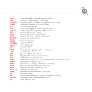 13
INABIF	 Programa Integral Nacional para el Bienestar Familiar
INEI	 Instituto Nacional de Estadística e Informática
INFORHUS	 Sistema Nacional de Información de Recursos Humanos en Salud
IPRESS 	 Instituciones Prestadoras de Servicios de Salud
IRA	 Infección respiratoria aguda
JASS 	 Juntas Administradoras de Servicios de Saneamiento
JUNTOS	 Programa Nacional de Apoyo Directo a los más Pobres
MEF	 Ministerio de Economía y Finanzas
MIDIS	 Ministerio de Desarrollo e Inclusión Social
MIMP	 Ministerio de la Mujer y Poblaciones Vulnerables
MINAGRI	 Ministerio de Agricultura y Riego
MINAM	 Ministerio del Ambiente
MINCUL	 Ministerio de Cultura
MININTER	 Ministerio del Interior
MINSA	 Ministerio de Salud
MN 	 Micro Nutrientes
MVCS	 Ministerio de Vivienda, Construcción y Saneamiento
LME 	 Lactancia Materna Exclusiva
OMS	 Organización Mundial de la Salud
PCA 	 Programa de Alimentación Complementaria
PCM	 Presidencia del Consejo de Ministros
PIACI 	 Pueblos Indígenas en Situación de Aislamiento o en Situación de Contacto Inicial
PNACP	 Programa Nacional A Comer Pescado
PNAIA	 Plan Nacional de Acción por la Infancia y la Adolescencia
PNDIS	 Política Nacional de Desarrollo e Inclusión Social
PNSR 	 Programa Nacional de Saneamiento Rural
PRODUCE	 Ministerio de la Producción
RENIEC	 Registro Nacional de Identificación y Estado Civil
RM	 Resolución Ministerial
SAF	 Servicio de Acompañamiento a Familias (del programa Cuna Más)
SINADIS	 Sistema Nacional de Desarrollo e Inclusión Social
SIS	 Seguro Integral de Salud
 