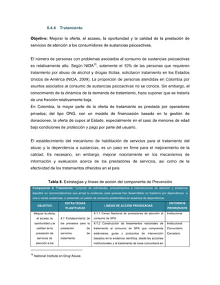6.4.4 Tratamiento
Objetivo: Mejorar la oferta, el acceso, la oportunidad y la calidad de la prestación de
servicios de atención a los consumidores de sustancias psicoactivas.
El número de personas con problemas asociados al consumo de sustancias psicoactivas
es relativamente alto. Según NIDA15
, solamente el 10% de las personas que requieren
tratamiento por abuso de alcohol y drogas ilícitas, solicitaron tratamiento en los Estados
Unidos de América (NIDA, 2009). La proporción de personas atendidas en Colombia por
asuntos asociados al consumo de sustancias psicoactivas no se conoce. Sin embargo, el
conocimiento de la dinámica de la demanda de tratamiento, hace suponer que se trataría
de una fracción relativamente baja.
En Colombia, la mayor parte de la oferta de tratamiento es prestada por operadores
privados; del tipo ONG, con un modelo de financiación basado en la gestión de
donaciones, la oferta de cupos al Estado, especialmente en el caso de menores de edad
bajo condiciones de protección y pago por parte del usuario.
El establecimiento del mecanismo de habilitación de servicios para el tratamiento del
abuso y la dependencia a sustancias, es un paso en firme para el mejoramiento de la
calidad. Es necesario, sin embargo, mejorar notoriamente en los mecanismos de
información y evaluación acerca de los prestadores de servicios, así como de la
efectividad de los tratamientos ofrecidos en el país
Tabla 8. Estrategias y líneas de acción del componente de Prevención
Componente 4. Tratamiento: Conjunto de actividades, procedimientos e intervenciones de atención y asistencia
basados en recomendaciones que arroja la evidencia, para quienes han desarrollado un trastorno por dependencia a
una o varias sustancias, o presentan un patrón de consumo problemático en ausencia de dependencia.
OBJETIVO
ESTRATEGIAS
PLANTEADAS
LÍNEAS DE ACCIÓN PRIORIZADAS
ENTORNOS
PRIORIZADOS
Mejorar la oferta,
el acceso, la
oportunidad y la
calidad de la
prestación de
servicios de
atención a los
4.1 Fortalecimiento de
los procesos para la
prestación de
servicios de
tratamiento
4.1.1 Censo Nacional de prestadores de atención al
consumo de SPA
Institucional
4.1.2 Construcción de lineamientos nacionales de
tratamiento al consumo de SPA que comprenda
estándares, guías y protocolos de intervención
basados en la evidencia científica, desde las acciones
institucionales y el tratamiento de base comunitaria en
Institucional
Comunitario
Carcelario
15
National Institute on Drug Abuse.
 
